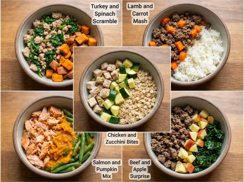 Turkey and Spinach Scramble: Ground turkey, fresh spinach, and sweet potato.Lamb and Carrot Mash: Ground lamb, steamed carrots, and cooked rice.Chicken and Zucchini Bites: Diced chicken, zucchini, and cooked oats.Salmon and Pumpkin Mix: Cooked salmon, pumpkin puree, and green beans.Beef and Apple Surprise: Ground beef, diced apples, and a little bit of kale.