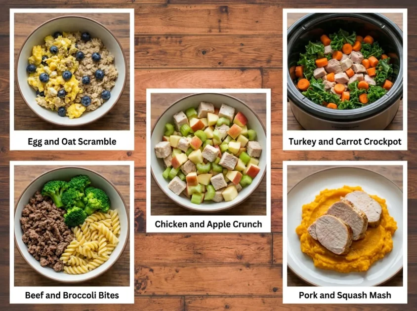 Egg and Oat Scramble: Scrambled eggs mixed with cooked oatmeal and a few blueberries.Chicken and Apple Crunch: Chicken chunks mixed with diced apples and celery.Beef and Broccoli Bites: Ground beef with steamed broccoli and cooked pasta.Turkey and Carrot Crockpot: Turkey breast, chopped carrots, and kale slow-cooked.Pork and Squash Mash: Cooked pork loin with mashed butternut squash.