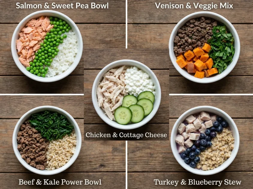 Salmon and Sweet Pea Bowl: Cooked salmon, peas, and a little bit of cooked rice.Venison and Veggie Mix: Ground venison, sweet potato, and spinach.Chicken and Cottage Cheese: Boiled chicken mixed with low-fat cottage cheese and cucumber.Beef and Kale Power Bowl: Ground beef, massaged kale, and cooked brown rice.Turkey and Blueberry Stew: Turkey, blueberries, and cooked oatmeal.