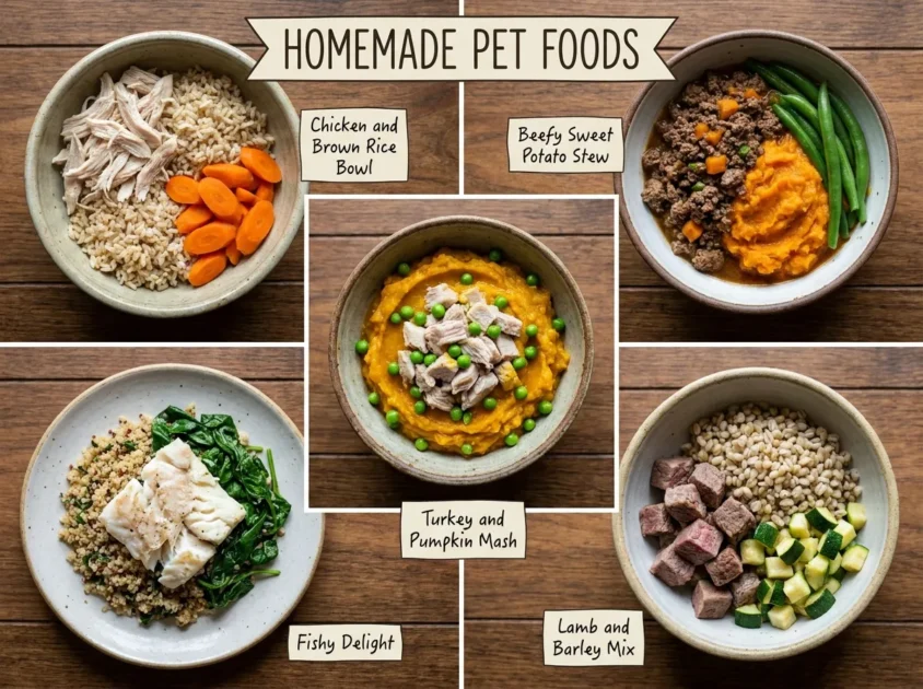 Chicken and Brown Rice Bowl: Boiled chicken breast with cooked brown rice and steamed carrots.Beefy Sweet Potato Stew: Lean ground beef, mashed sweet potatoes, and green beans.Turkey and Pumpkin Mash: Ground turkey mixed with plain canned pumpkin and peas.Fishy Delight: Cooked white fish like cod with quinoa and spinach.Lamb and Barley Mix: Lean lamb, cooked barley, and diced zucchini.