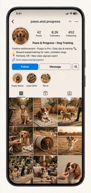 Cohesive Instagram grid of dog training photos with warm earthy tones displayed on a phone screen