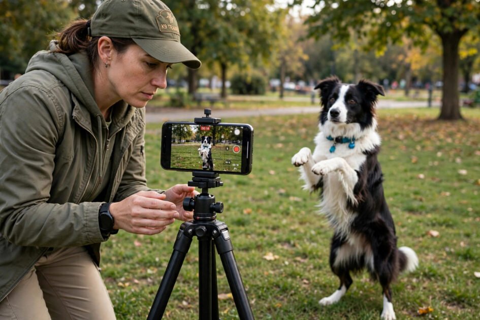 Trainer filming a dog doing a trick with a smartphone on a tripod in a park