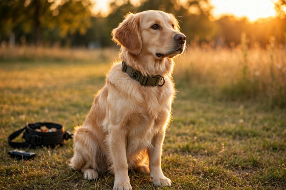 Beautiful golden hour photo of a dog sitting attentively during a training session