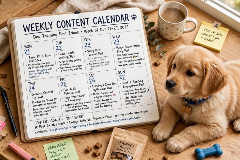Weekly content calendar planner with dog training post ideas and a cute dog nearby