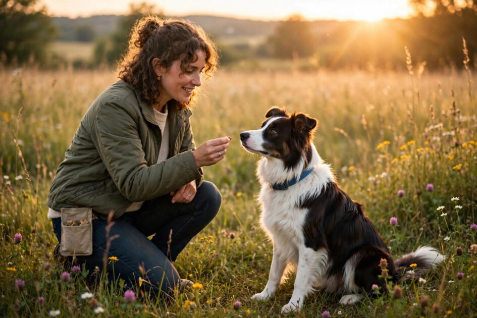 Aesthetic golden-hour photo of a border collie training session in a sunlit meadow