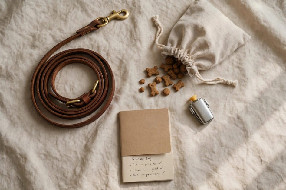 Minimalist flat-lay of dog training gear: leather leash, treat pouch, clicker and notebook on beige fabric