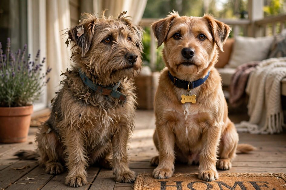 Before-and-after style aesthetic photo of a rescue dog transformed through training