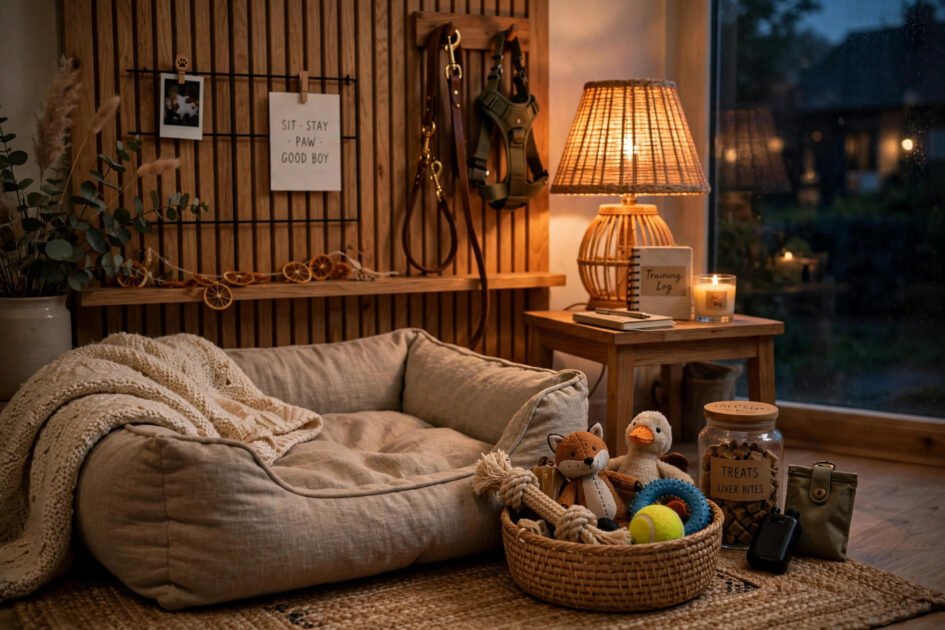 Cozy aesthetic indoor dog training corner with dog bed, toy basket and warm lamp light