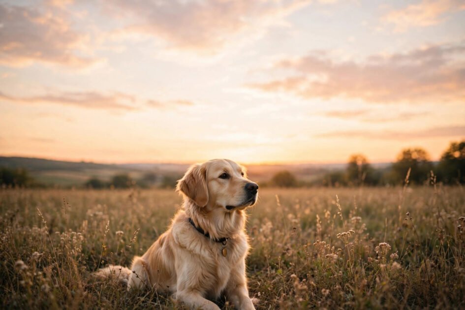Aesthetic sunset photo of a dog in a field with space for motivational quote text overlay