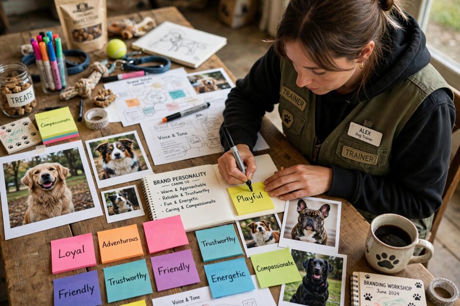 Dog trainer defining brand personality with sticky notes and dog photos during a branding workshop