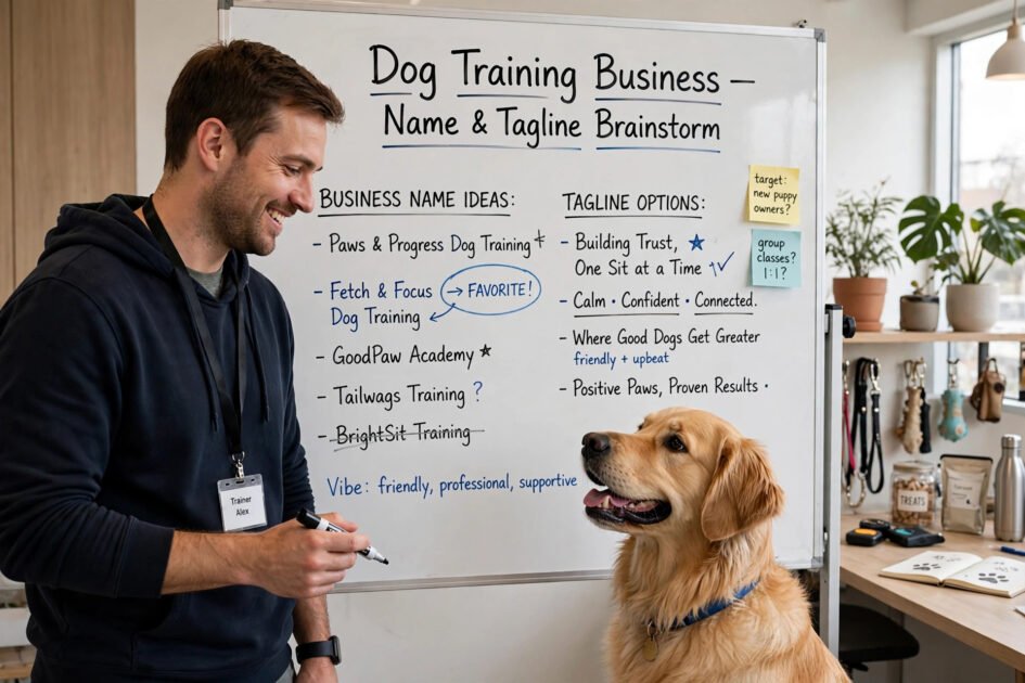 Dog training business name and tagline ideas brainstormed on a whiteboard with a trainer and golden retriever