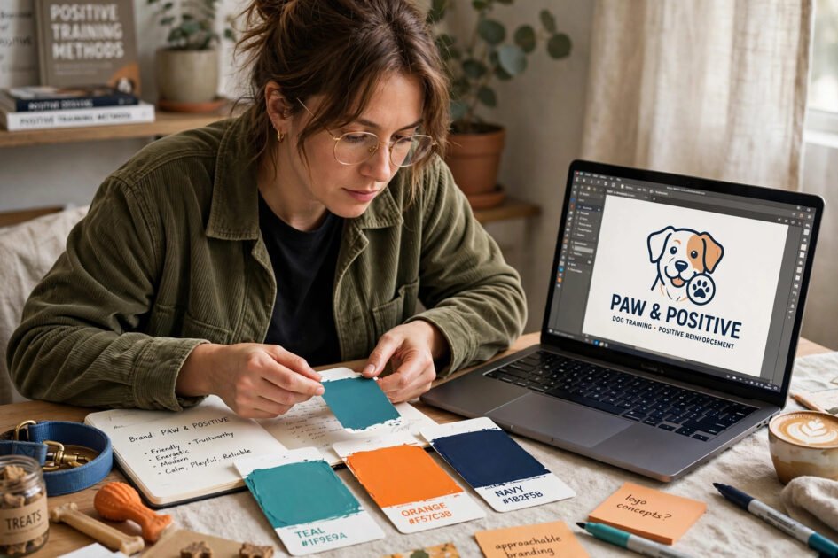 Designer selecting a color palette of teal, orange and navy swatches for a dog training brand