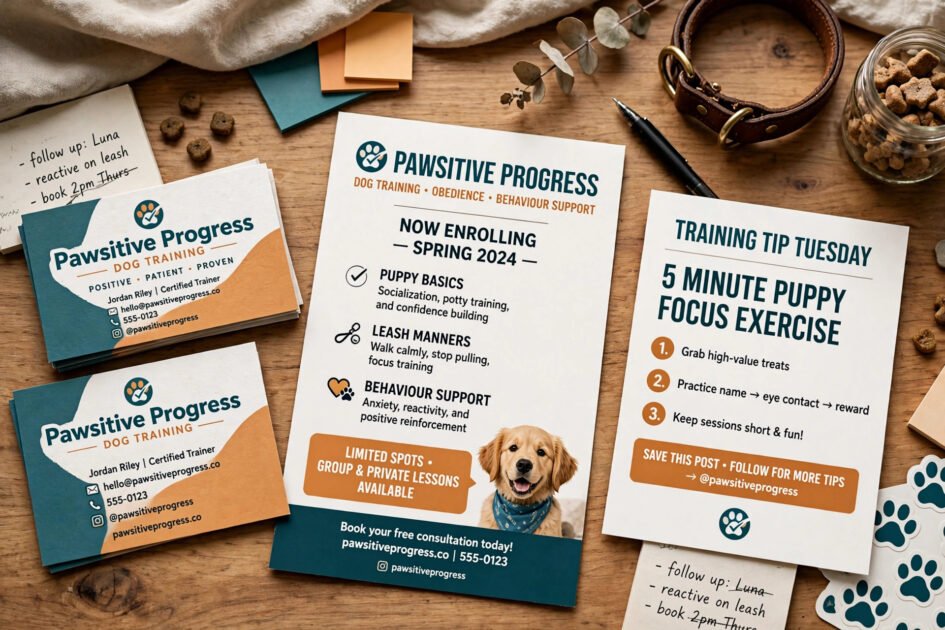 Matching branded templates for a dog training business including business cards, flyers and social graphics