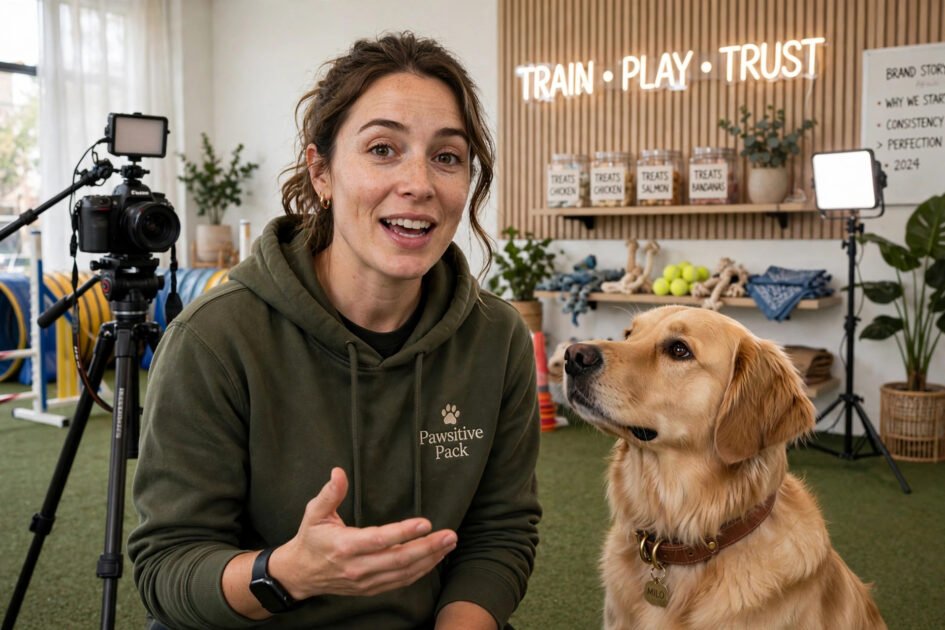 Dog trainer filming brand story content with their dog in a bright training studio