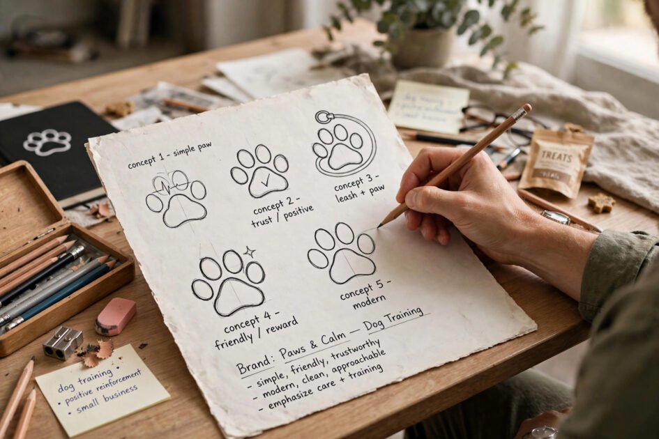 Designer sketching simple paw logo concepts for a dog training brand
