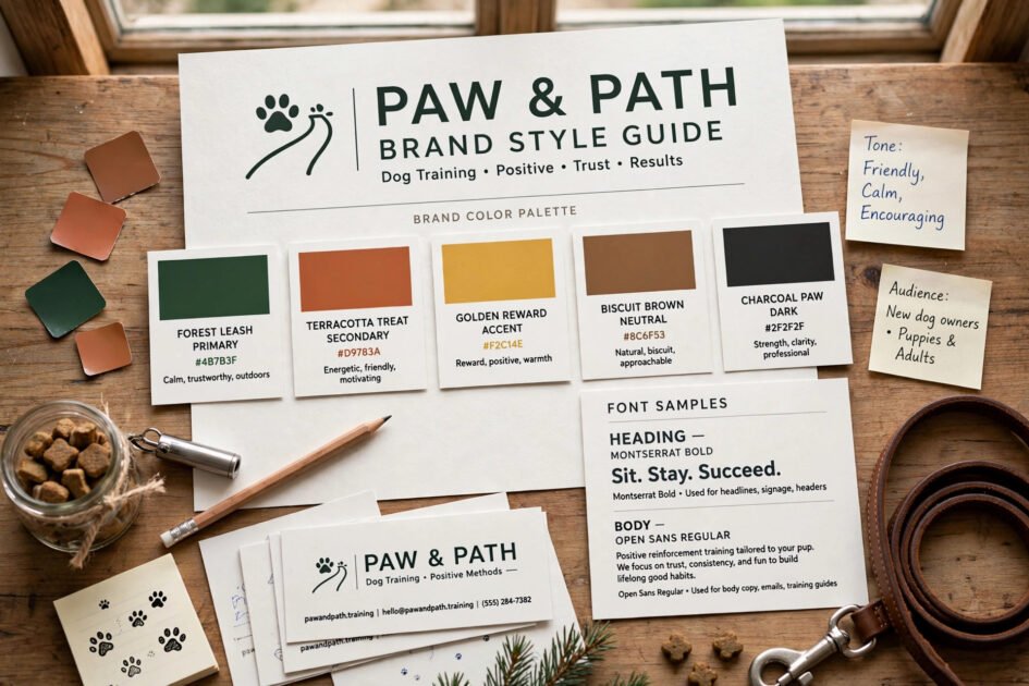 Brand color palette swatches and font samples for a dog training business on a desk