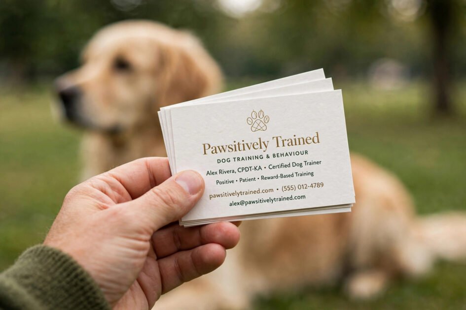 Elegant dog training business cards with a paw logo held in a hand