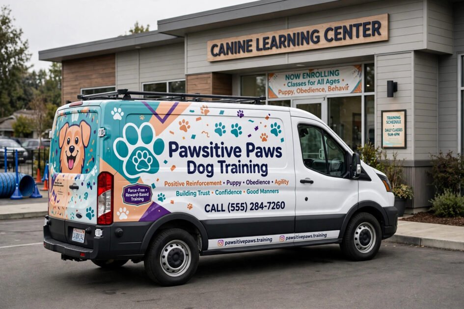 White van with a colorful dog training business wrap parked outside a facility