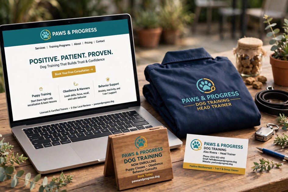 Consistent dog training branding shown on a laptop, uniform shirt, business card, and sign