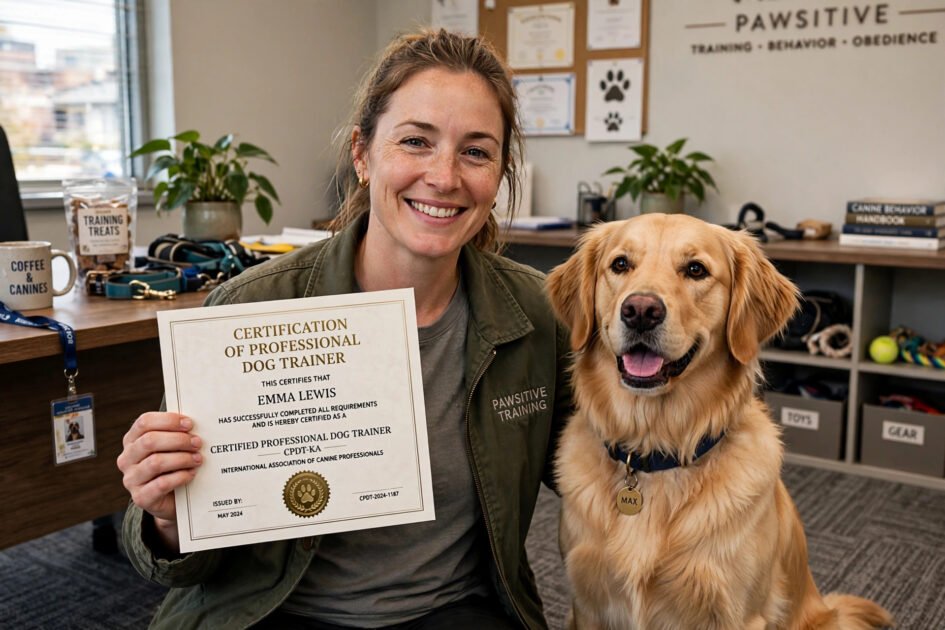 Dog trainer holding a certification certificate with a dog sitting beside them
