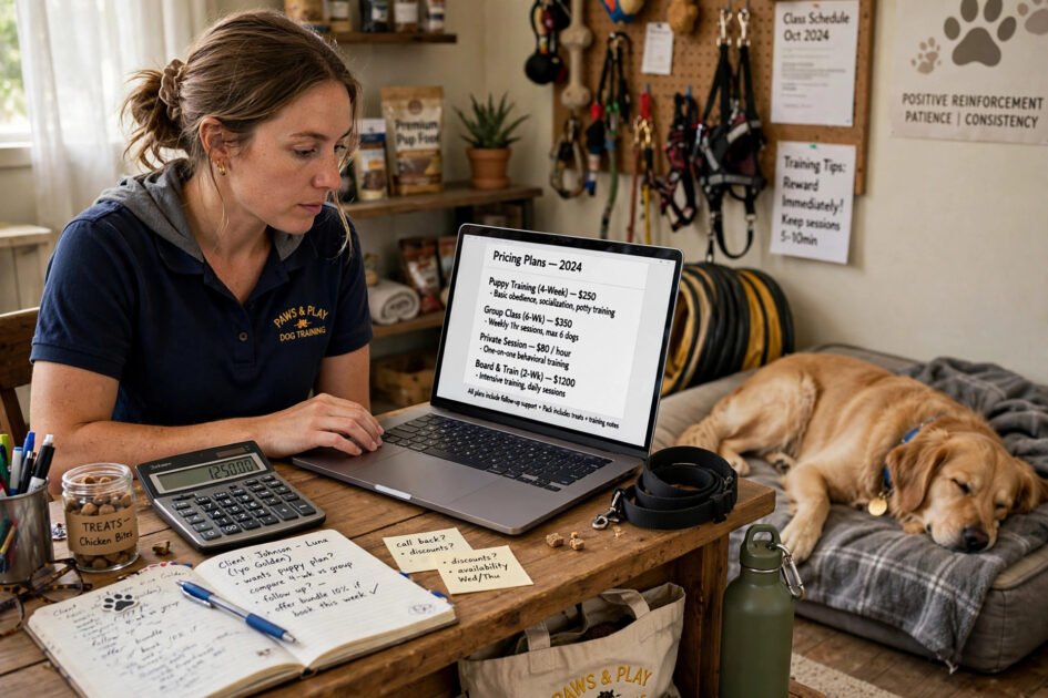 Dog trainer reviewing pricing plans on a laptop with a calculator and notebook