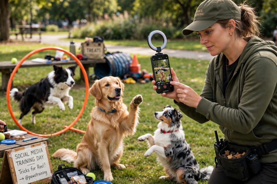 Dog trainer filming a training session on a smartphone for social media marketing
