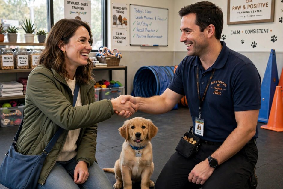 Happy client shaking hands with a dog trainer while their puppy sits between them