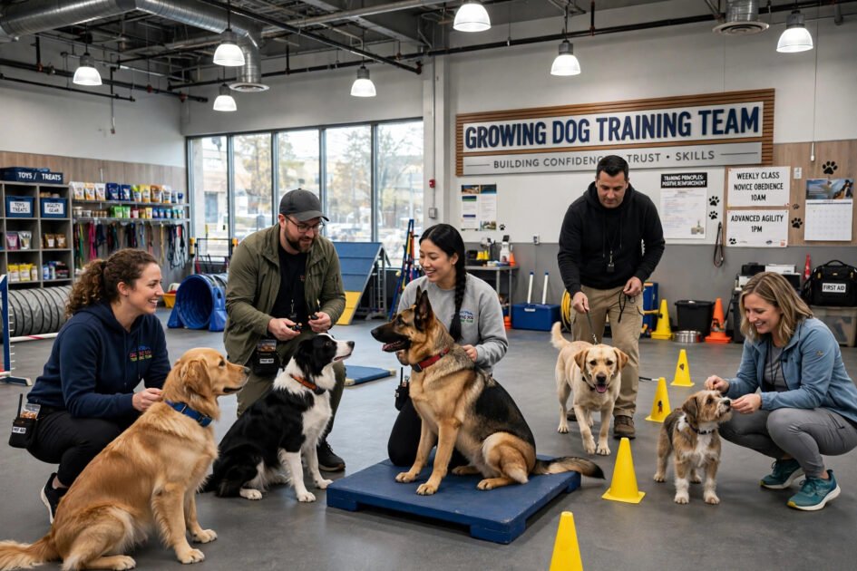 Growing dog training team working with dogs in a large modern facility