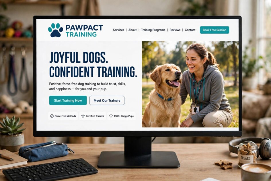 Dog training website hero section showing a happy trained dog with its owner
