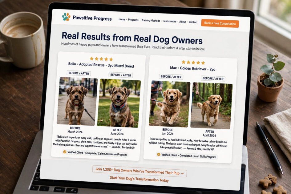 Dog training website testimonials section with before and after dog photos