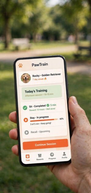 Mobile-first dog training app design on a phone held at a park