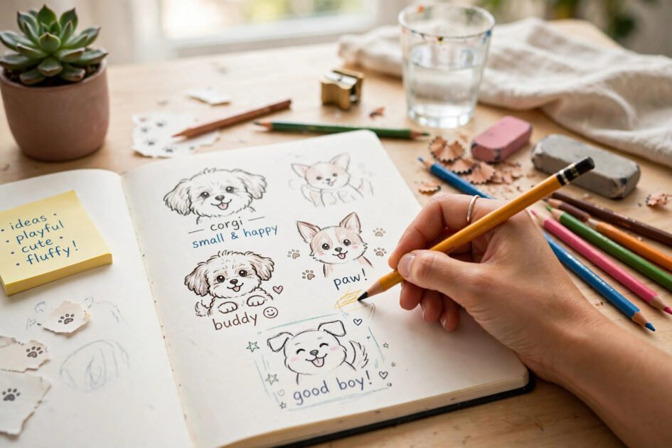 Dog training drawing tips for cute pet illustrations — flat-style dog drawings