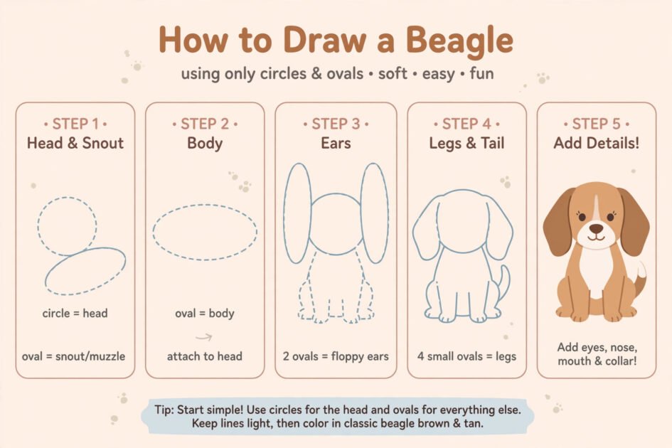 Cute flat-style illustration showing how to draw a beagle from simple circles and ovals, dog training drawing tip