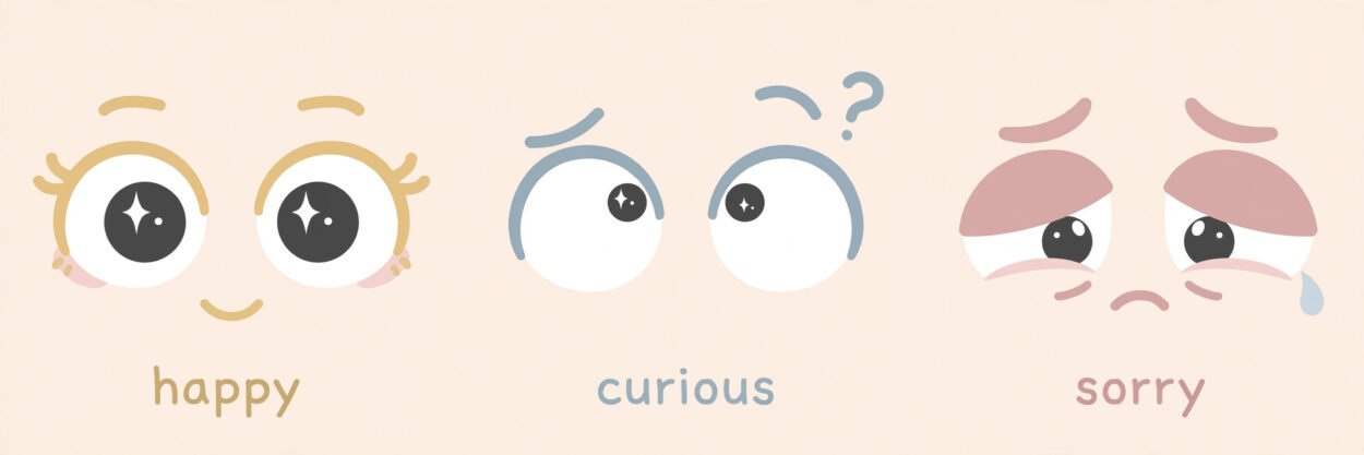 Cute flat-style illustration of expressive cartoon dog eyes showing happy, curious and sorry emotions