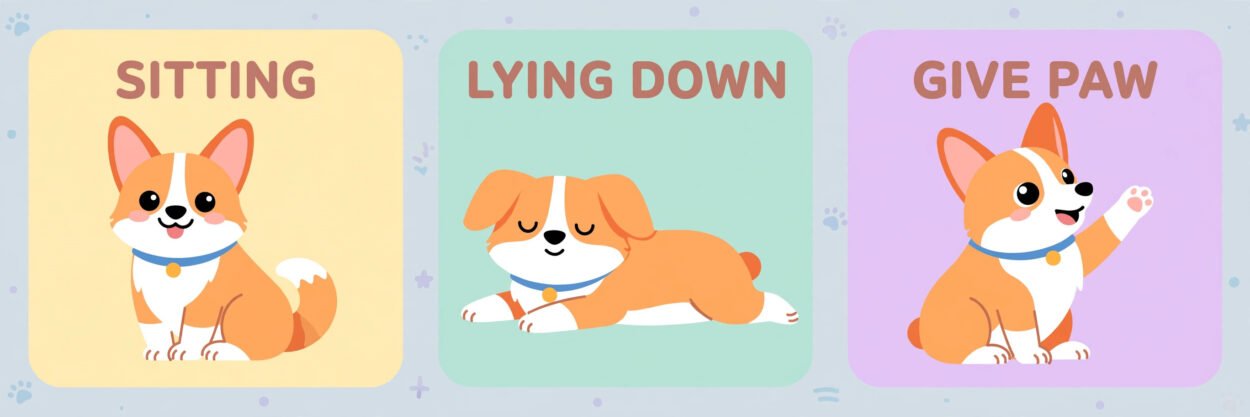 Cute flat-style illustration of a corgi in sit, down and paw-shake training poses