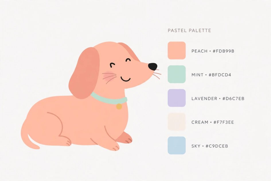 Cute flat-style dachshund illustration in a soft pastel color palette with swatches