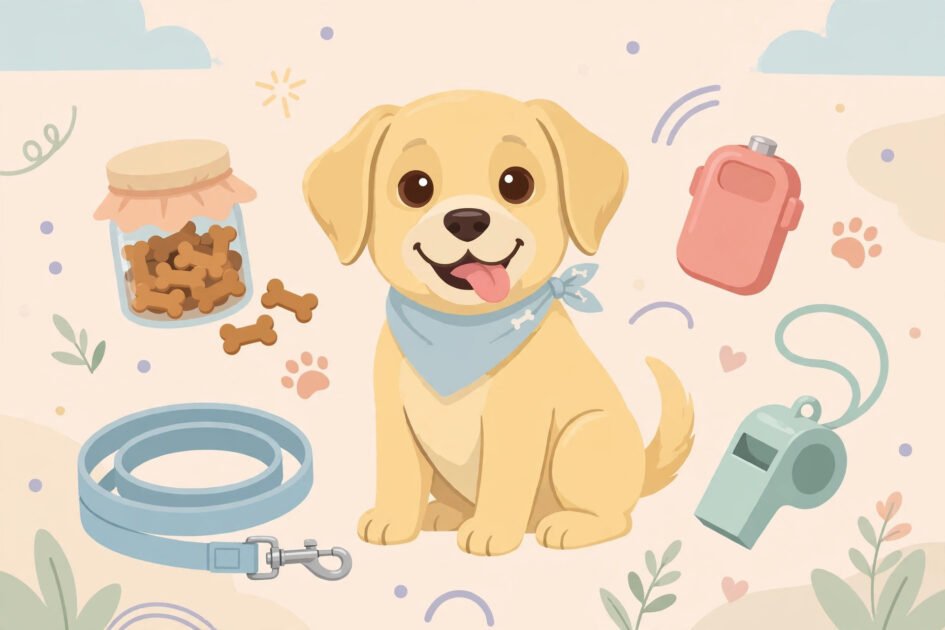 Cute flat-style illustration of a labrador puppy surrounded by leash, treats, clicker and whistle