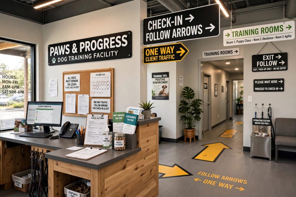 Dog training facility reception with check-in area and clear directional signage