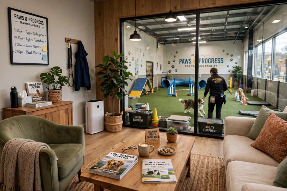 Comfortable client viewing lounge with glass windows overlooking the training floor