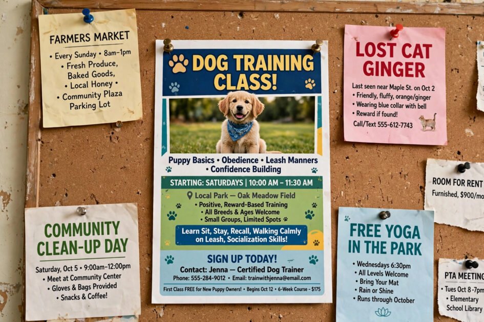 Eye-catching dog training flyer with a bold benefit-driven headline pinned on a community bulletin board