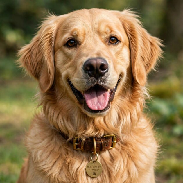 Happy well-trained golden retriever sitting attentively and looking at the camera, ideal hero photo for a dog training flyer