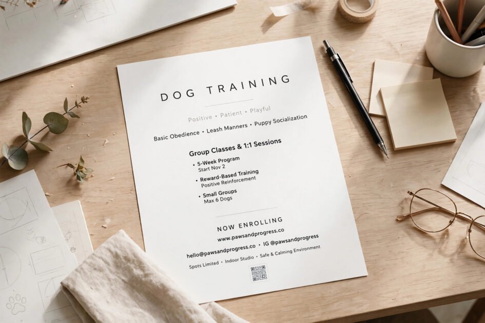 Clean minimal dog training flyer layout with generous white space on a designer's desk