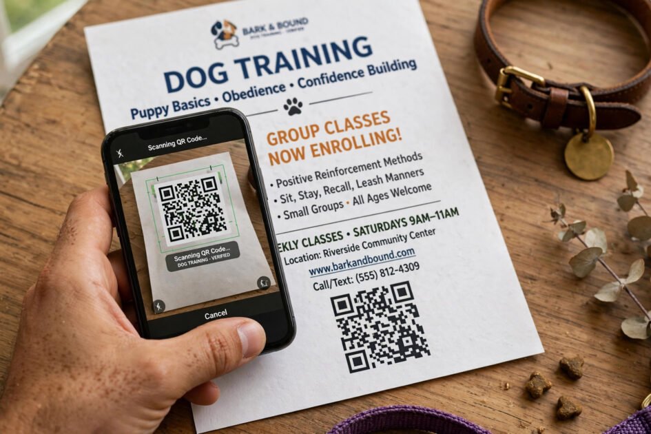 Hand holding a smartphone scanning a QR code printed on a dog training flyer