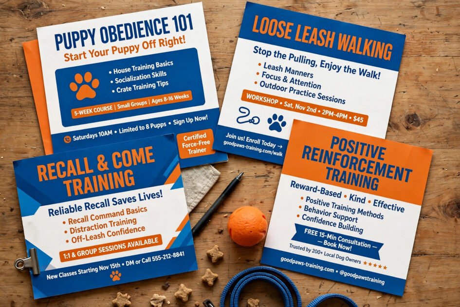 Collection of dog training flyer designs in trustworthy blue and energetic orange color schemes