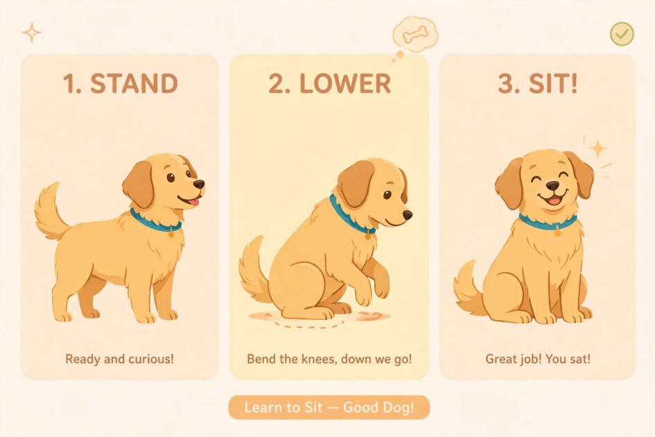 Cute flat-style step-by-step illustration of a golden retriever learning to sit, a dog training illustration idea for bloggers