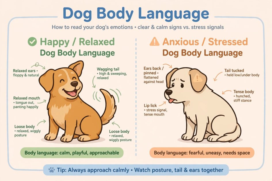 Flat-style dog body language diagram comparing a relaxed dog and a stressed dog, dog training illustration