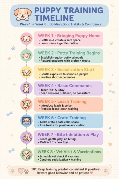 Flat-style infographic illustration of an 8-week puppy training timeline with tiny dog icons