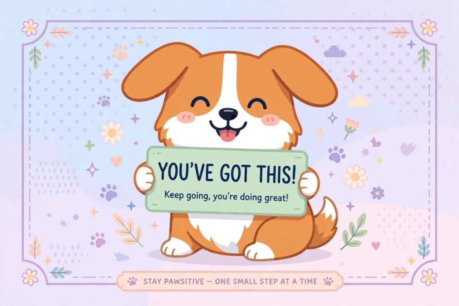 Cute flat-style illustration of a smiling corgi holding a motivational quote sign, shareable dog training illustration