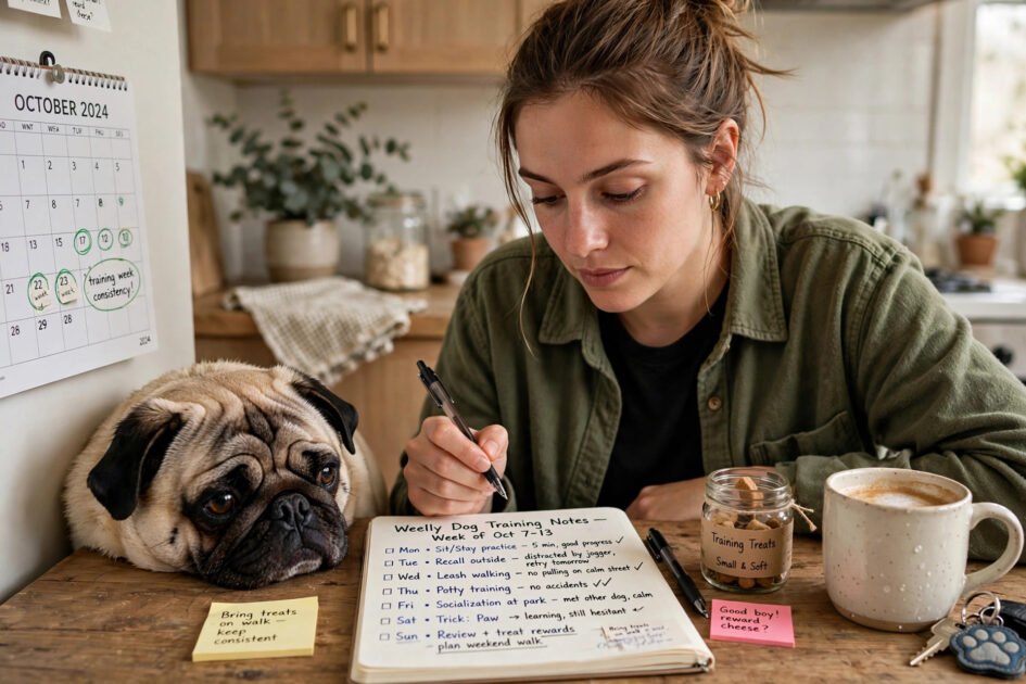 Person reviewing weekly dog training notes at a kitchen table with a calendar, a pug resting its head on the table