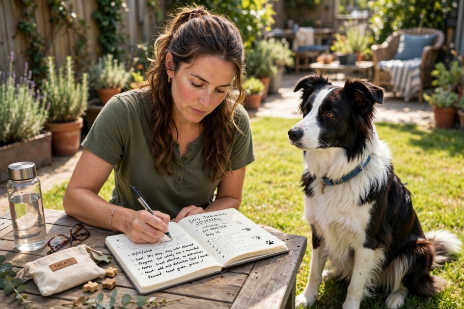 Woman writing in a dog training journal while her border collie practices sit in a sunny backyard